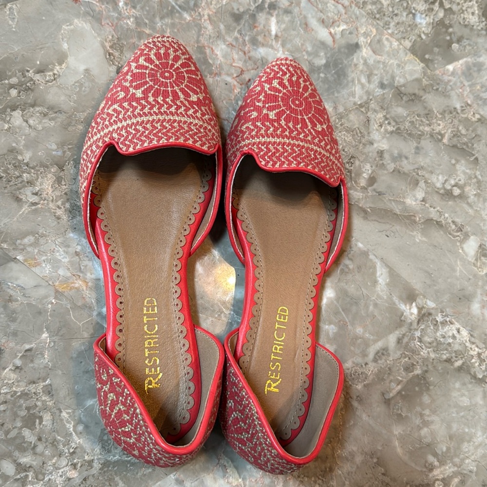 Restricted Red Embroidered Pointed-Toe Flats